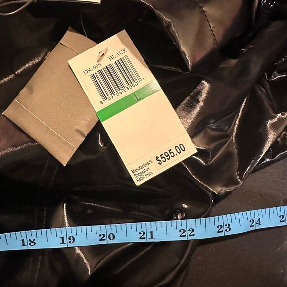 JANE POST $595 High Gloss Trench Coat Black Women’s Large New - Picture 15 of 16